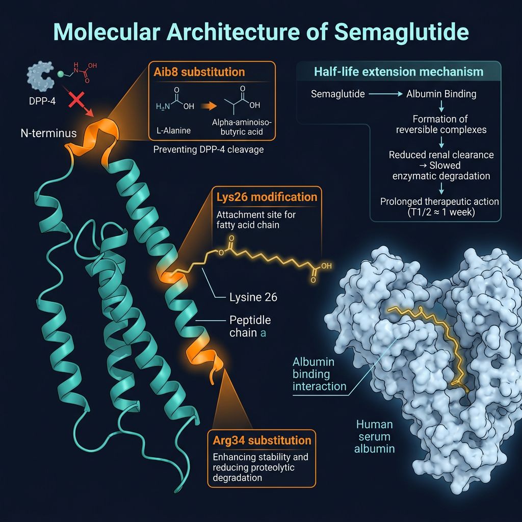 Semaglutide molecular architecture showing Aib8 substitution, Lys26 fatty acid chain for albumin binding, and Arg34 modification for half-life extension