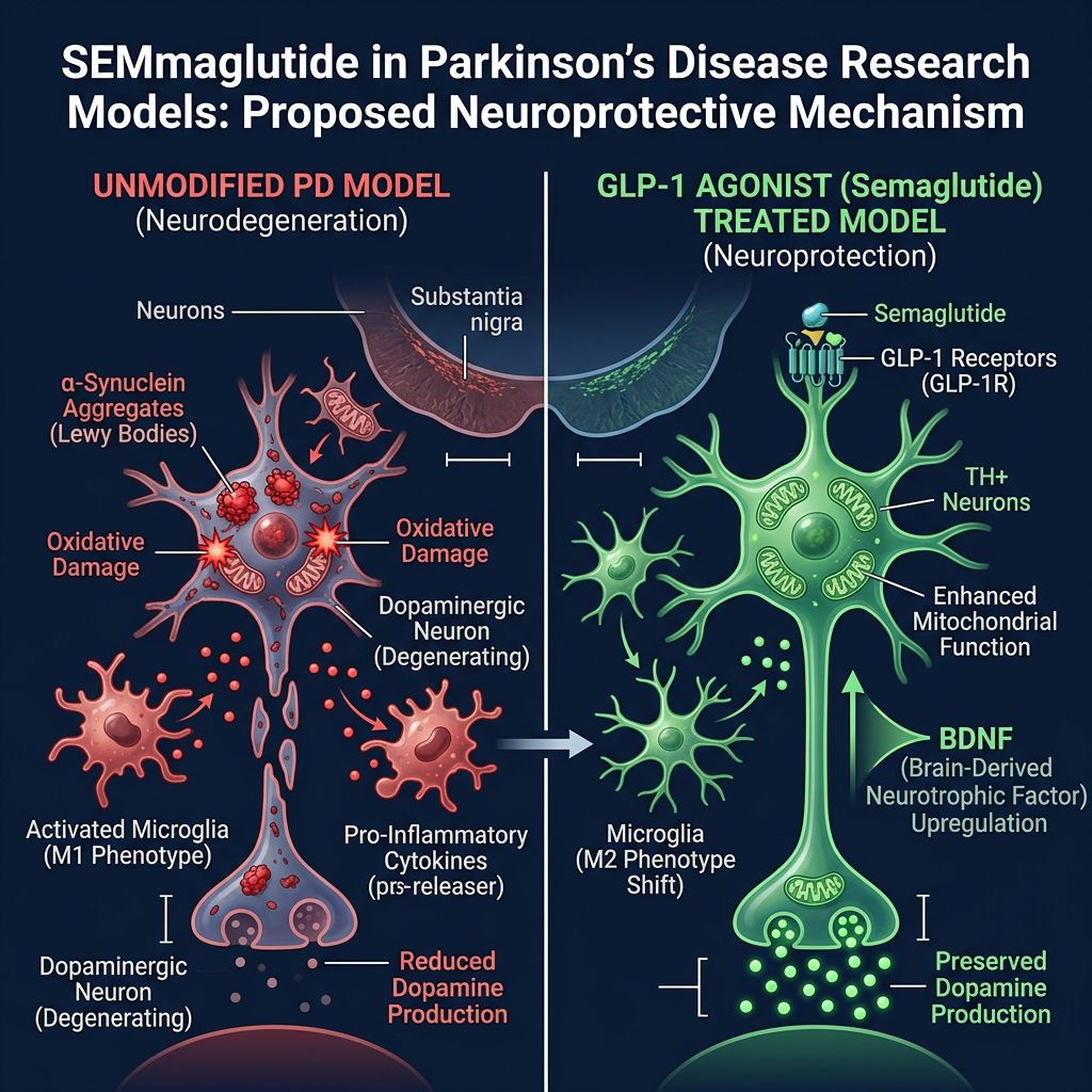 Semaglutide Parkinson’s model infographic comparing untreated neurodegeneration versus GLP-1 agonist neuroprotection