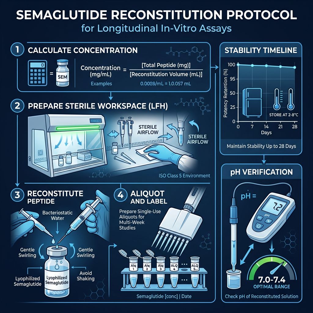 Semaglutide reconstitution protocol infographic for longitudinal in-vitro assays with concentration and sterile handling steps
