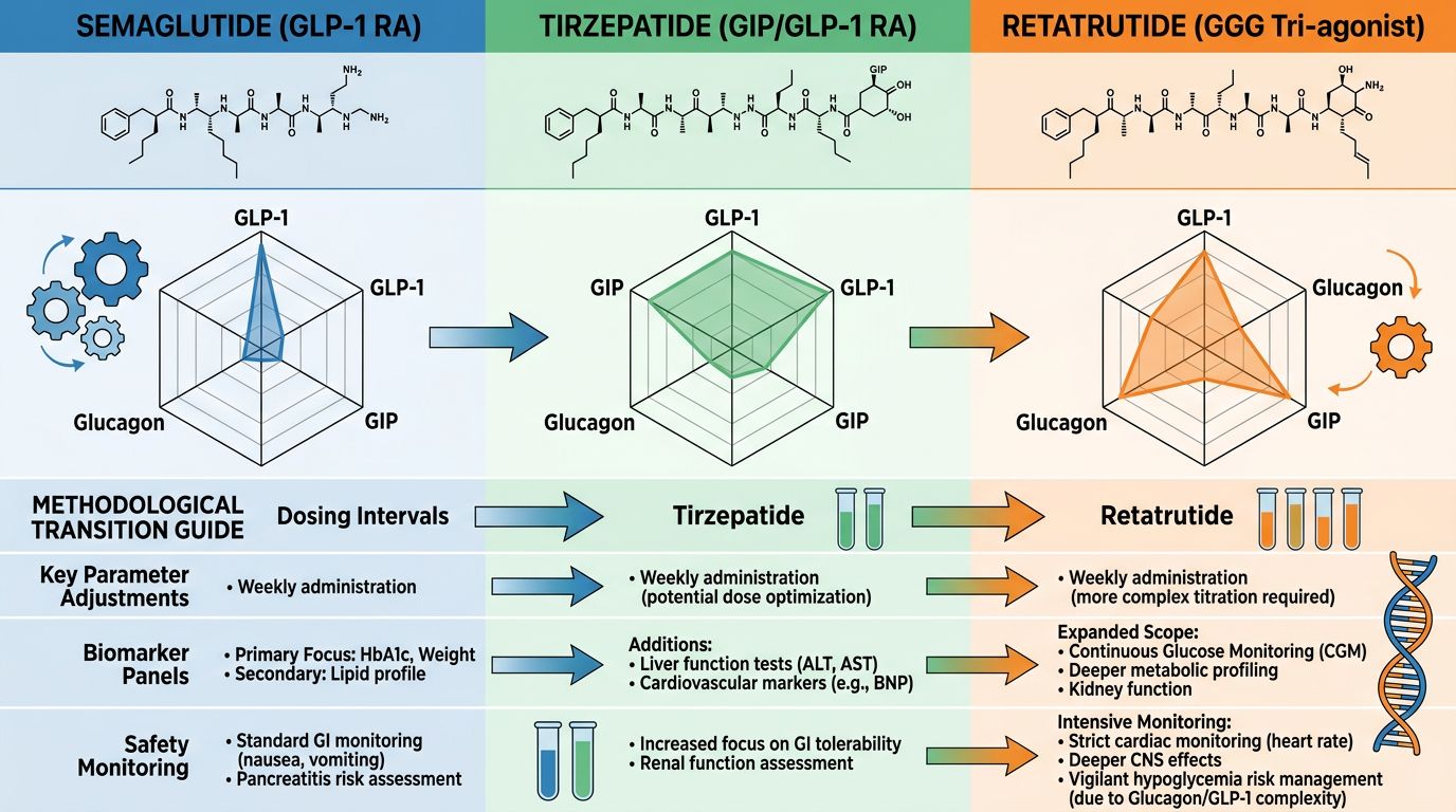 Comparative protocol map for semaglutide, tirzepatide, and retatrutide showing receptor profiles and methodological transitions