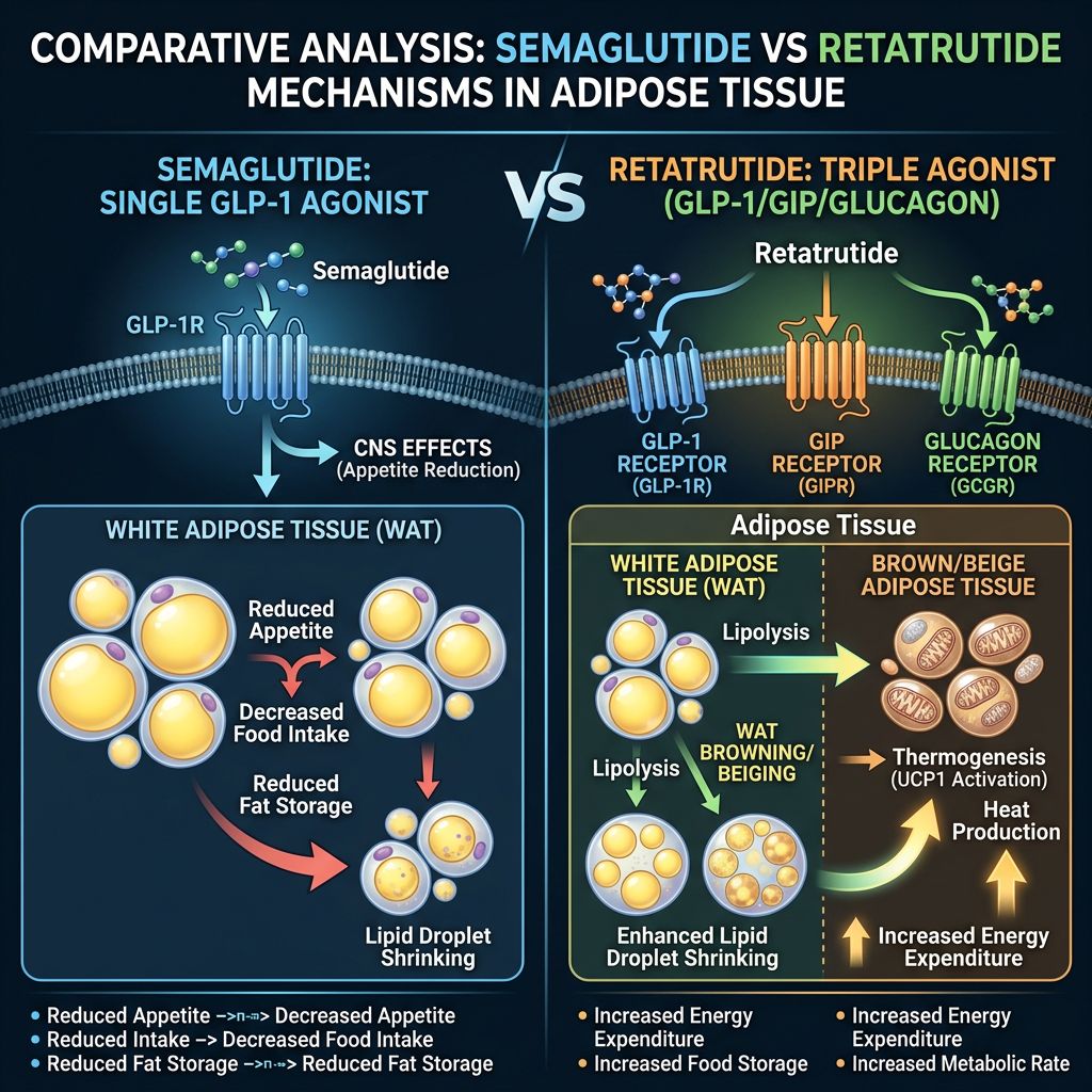 Side-by-side comparison of Semaglutide single GLP-1 agonism versus Retatrutide triple receptor action on white and brown adipose tissue
