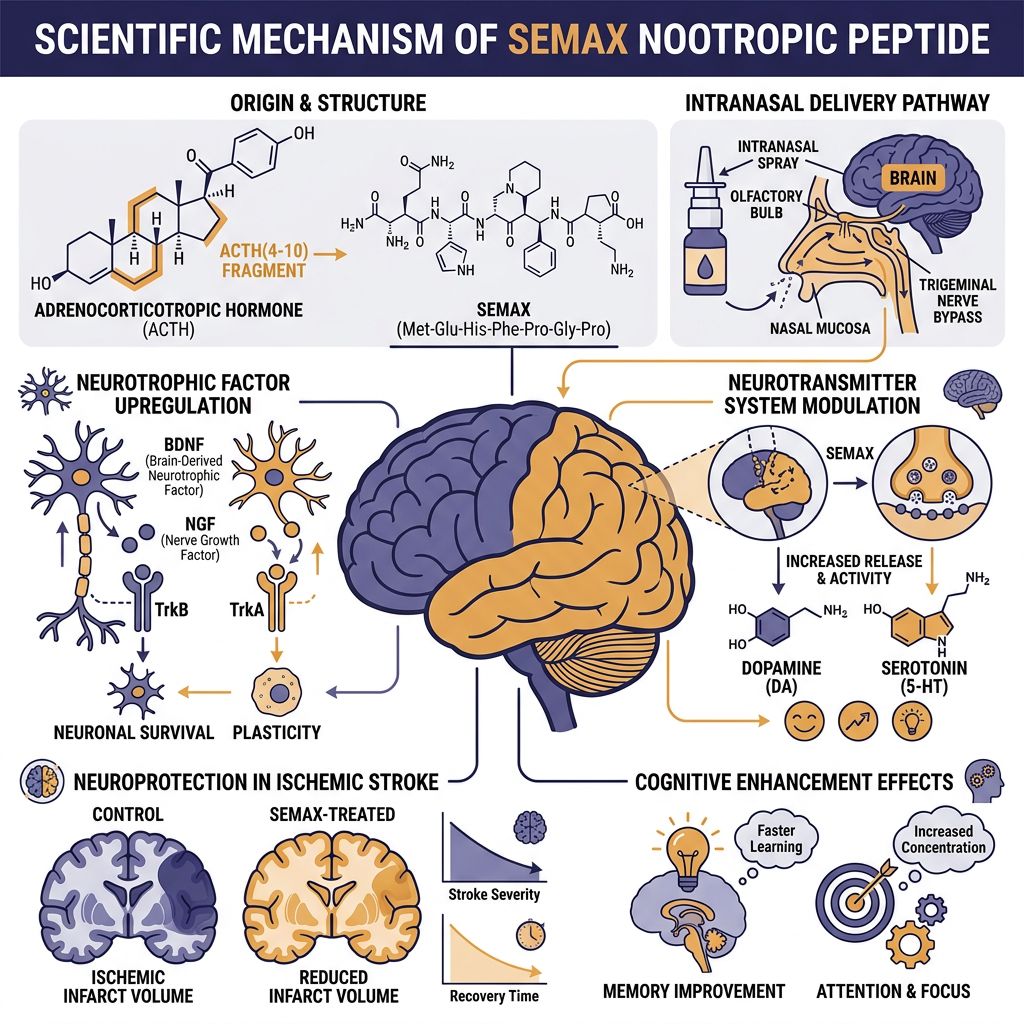 Semax nootropic peptide mechanism infographic showing ACTH(4-10) fragment origin, intranasal delivery pathway, BDNF and NGF neurotrophic upregulation, dopamine and serotonin modulation, neuroprotection in ischemic stroke, and cognitive enhancement