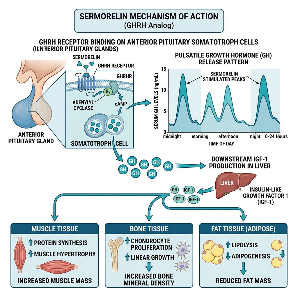 Sermorelin mechanism of action infographic showing GHRH receptor binding on anterior pituitary somatotroph cells, pulsatile GH release pattern, downstream IGF-1 production in liver, and systemic effects on muscle, bone, and fat tissue