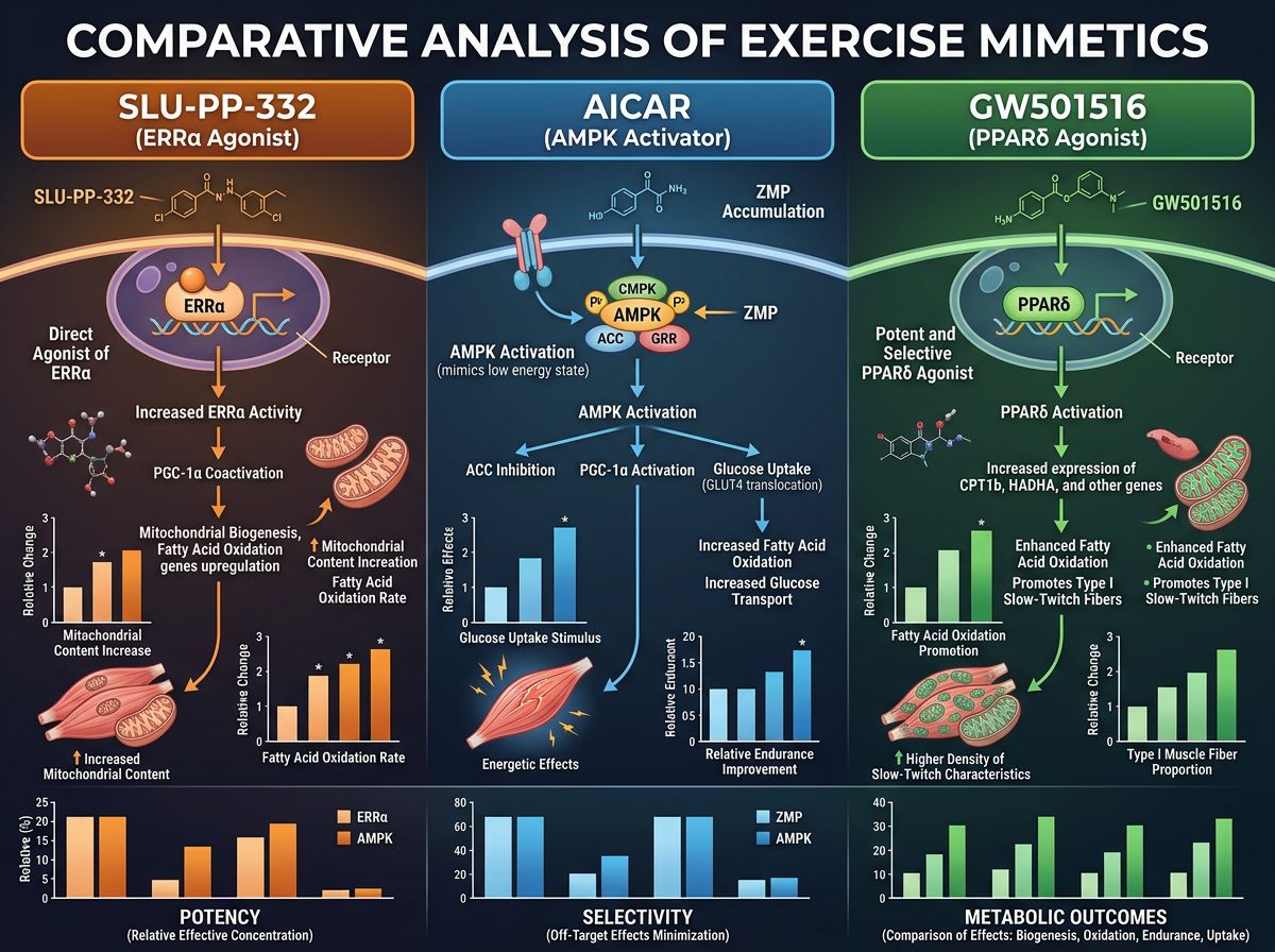 Comparative analysis of exercise mimetics SLU-PP-332, AICAR, and GW501516 across molecular targets and metabolic outcomes