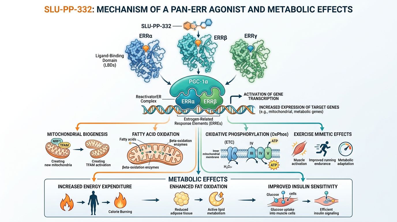 SLU-PP-332 pan-ERR agonist mechanism infographic showing binding to ERRα ERRβ ERRγ nuclear receptors, PGC-1α coactivator recruitment, and downstream effects on mitochondrial biogenesis, fatty acid oxidation, oxidative phosphorylation, and exercise mimetic metabolic effects