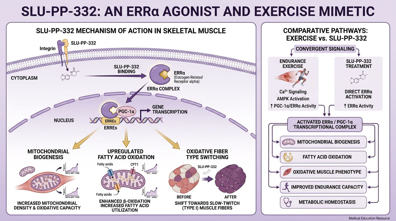 SLU-PP-332 ERR-alpha agonism pathway showing exercise mimetic effects on mitochondrial biogenesis and muscle fiber conversion