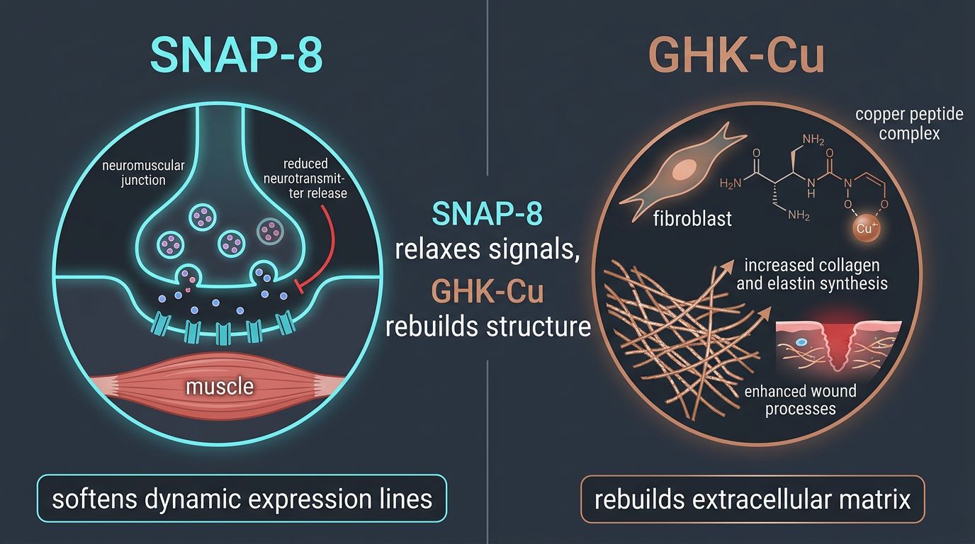 Mechanism comparison of SNAP-8 versus GHK-Cu showing neuromuscular signal reduction versus extracellular matrix rebuilding