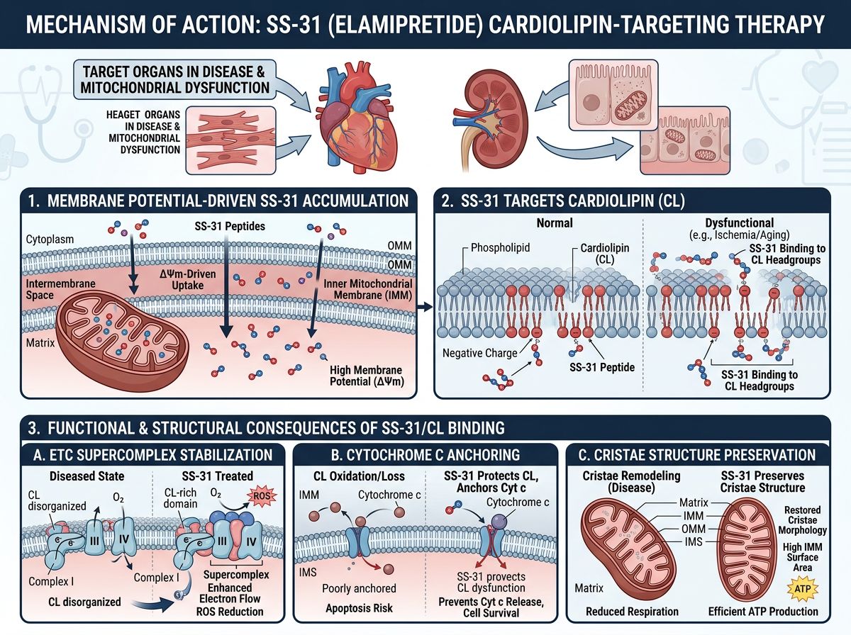 SS-31 Elamipretide infographic showing cardiolipin binding in inner mitochondrial membrane, ETC supercomplex stabilization, cytochrome c anchoring, and cristae preservation