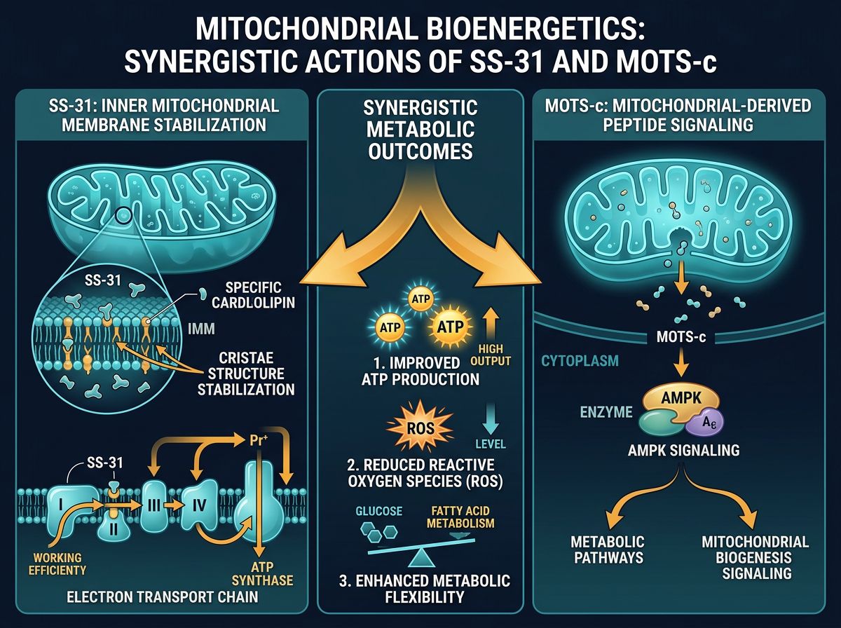 Infographic showing mitochondrial bioenergetics with SS-31 cardiolipin binding and MOTS-c AMPK signaling converging on synergistic metabolic outcomes