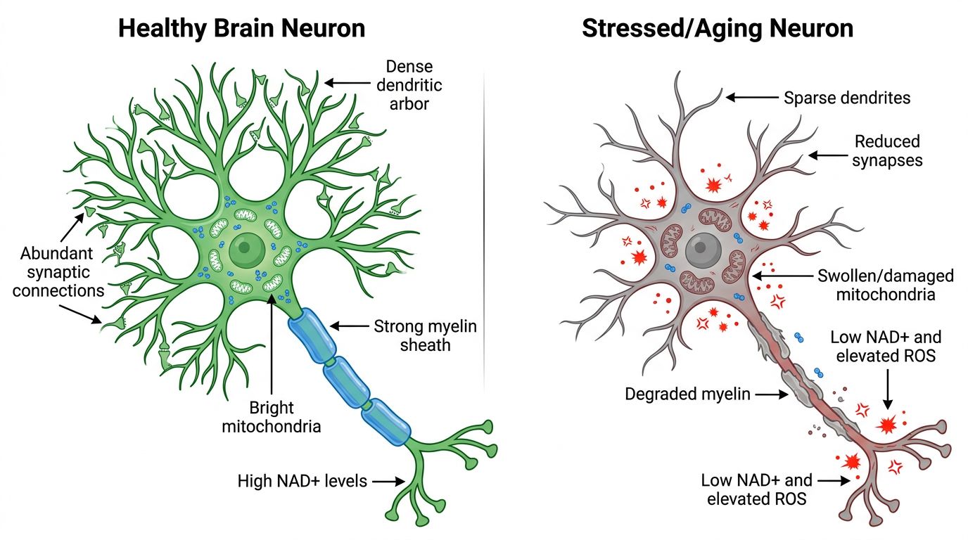 Side-by-side comparison of healthy neuron with dense dendrites and strong myelin versus stressed aging neuron with sparse connections and damaged mitochondria