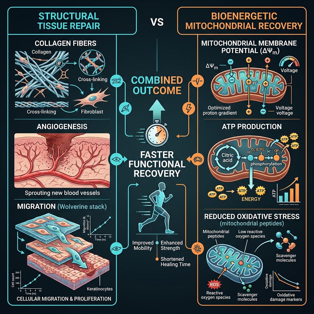 Comparison infographic of structural tissue repair versus bioenergetic mitochondrial recovery with combined outcome
