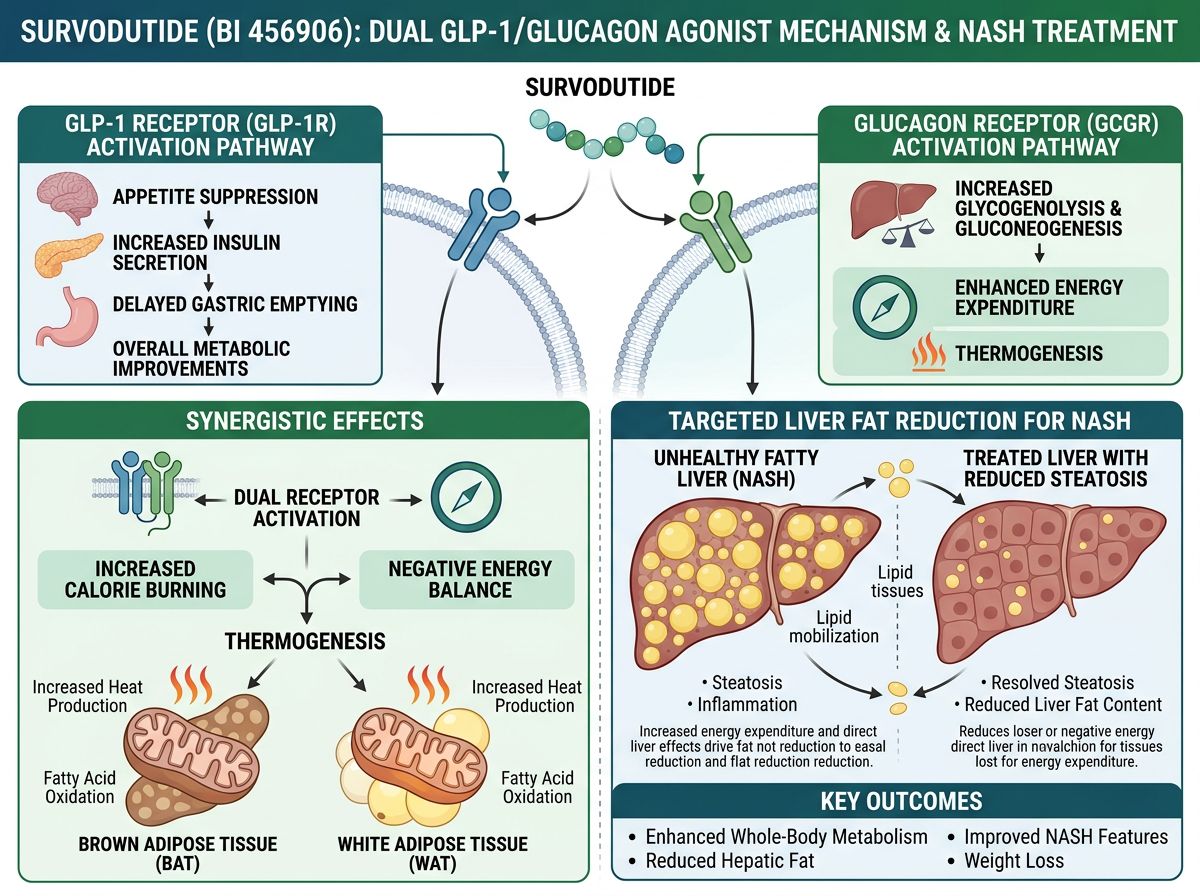 Survodutide dual GLP-1/glucagon agonist infographic showing dual receptor activation, energy expenditure enhancement, liver fat reduction for NASH, and thermogenesis pathways