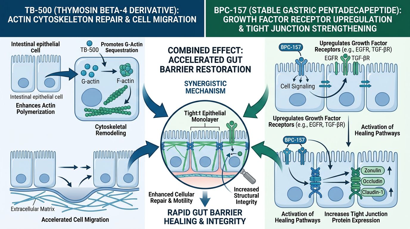 TB-500 and BPC-157 gut barrier synergy showing actin remodeling and tight junction protein upregulation