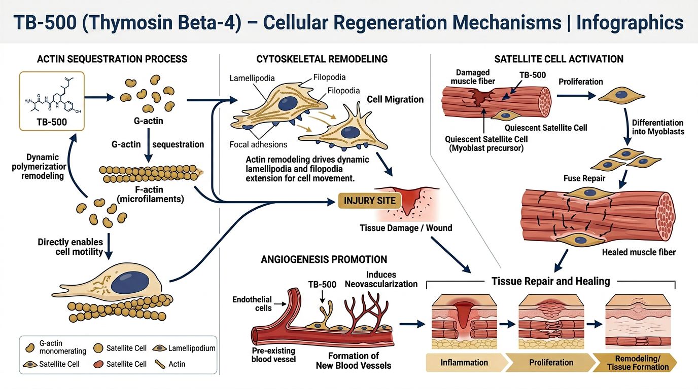 TB-500 cellular regeneration mechanisms infographic showing actin sequestration, satellite cell activation, cell migration, and angiogenesis promotion