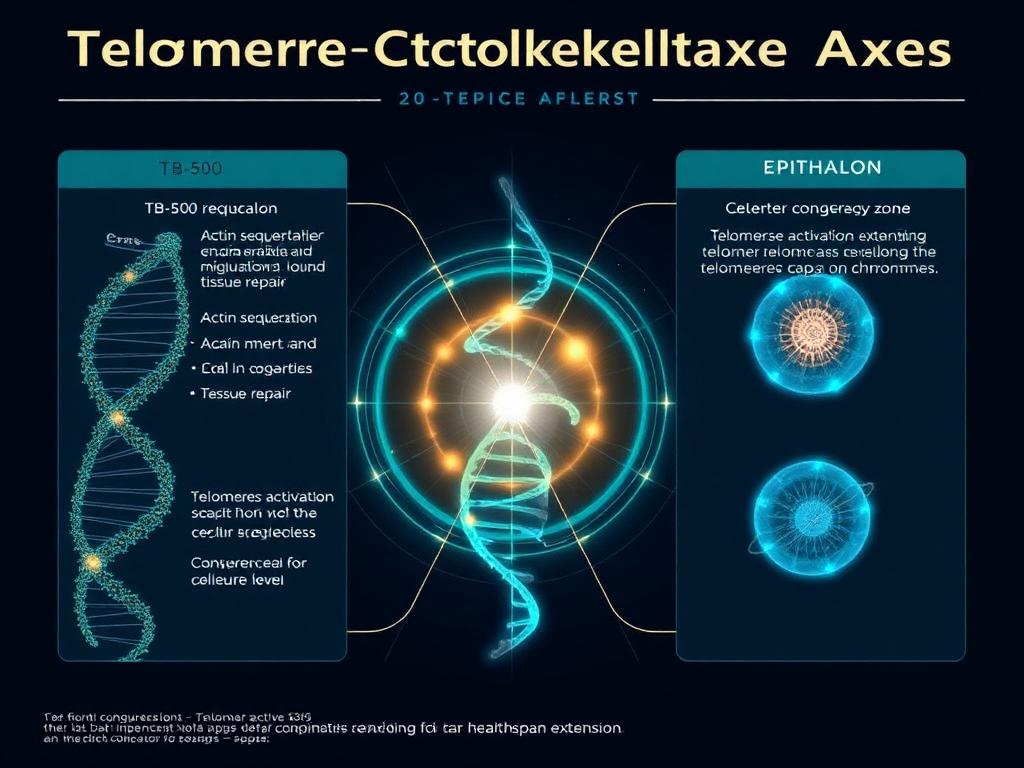 Telomere-cytoskeleton dual longevity axis showing TB-500 tissue repair converging with Epithalon telomere protection