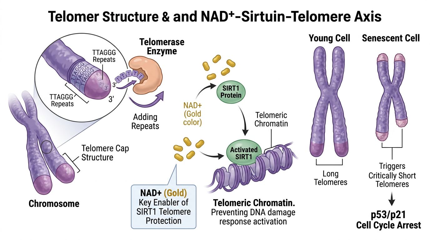 Telomere structure and NAD+-Sirtuin-telomere axis showing telomere maintenance and senescence progression