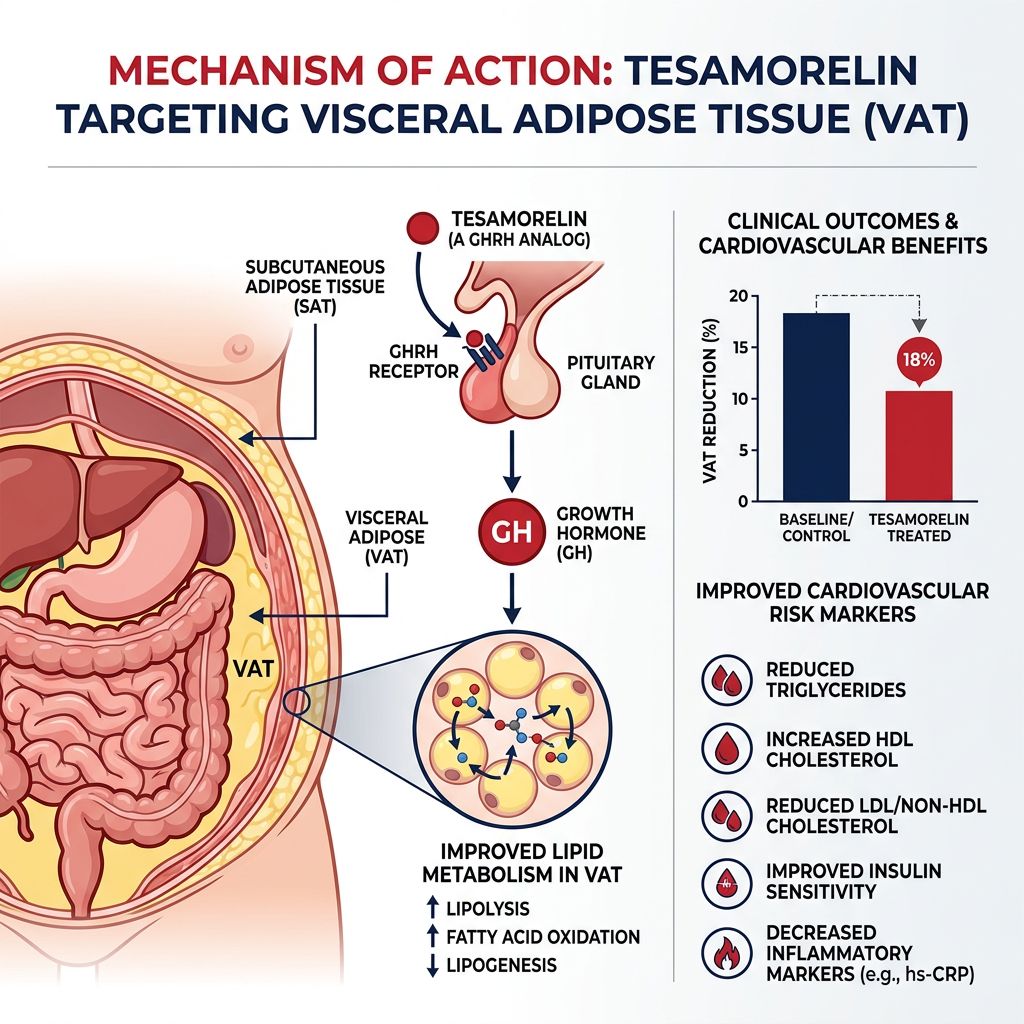 Tesamorelin mechanism of action infographic showing GHRH receptor activation, targeted visceral adipose tissue reduction with 15-20% VAT decrease, improved lipid metabolism, and cardiovascular risk marker improvements