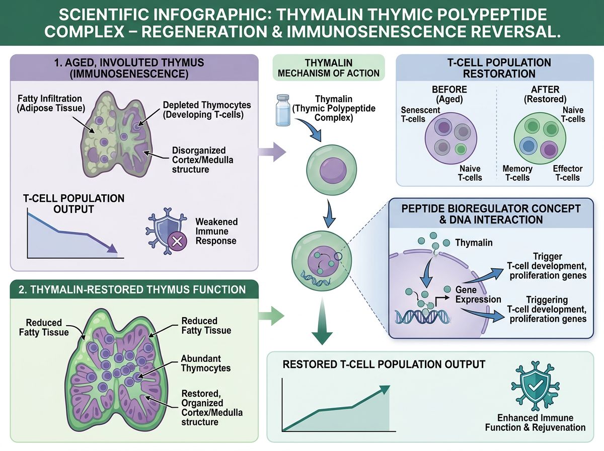 Thymalin thymic polypeptide complex infographic showing aged involuted thymus regeneration, T-cell population restoration, peptide bioregulator DNA interaction, and immunosenescence reversal