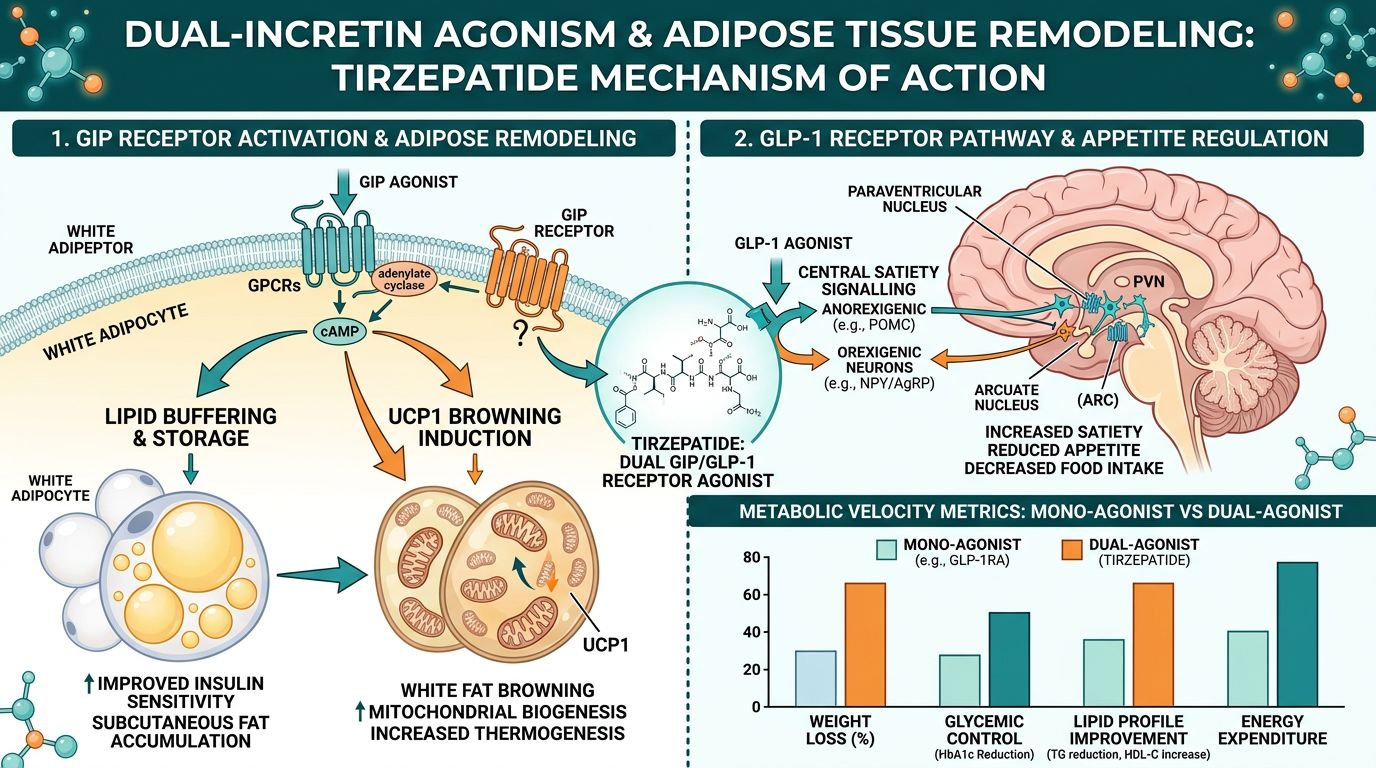 Dual-incretin agonism and adipose tissue remodeling showing GIP receptor activation for lipid buffering and UCP1 browning alongside GLP-1 hypothalamic appetite regulation