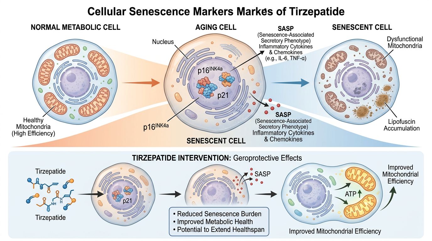 Cellular senescence markers and tirzepatide geroprotective effects showing p16INK4a and p21 accumulation, SASP inflammatory cytokine release, and tirzepatide intervention reducing senescence burden