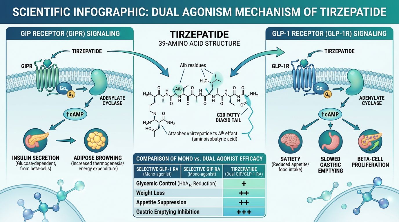 Tirzepatide dual agonism mechanism showing GIPR signaling cascade for insulin secretion and adipose browning alongside GLP-1R signaling for satiety and gastric emptying