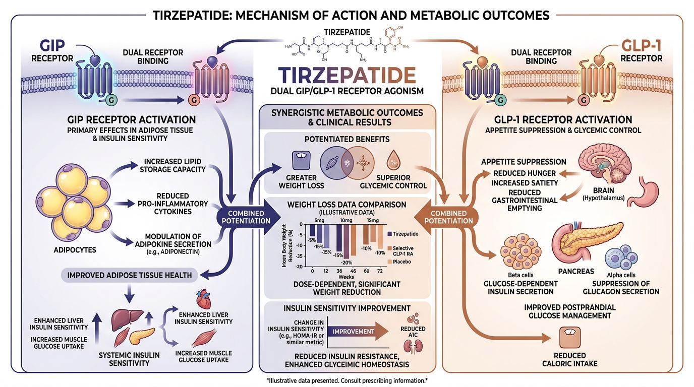Tirzepatide dual GIP/GLP-1 receptor agonism infographic showing adipose tissue and insulin sensitivity effects with weight loss comparison data