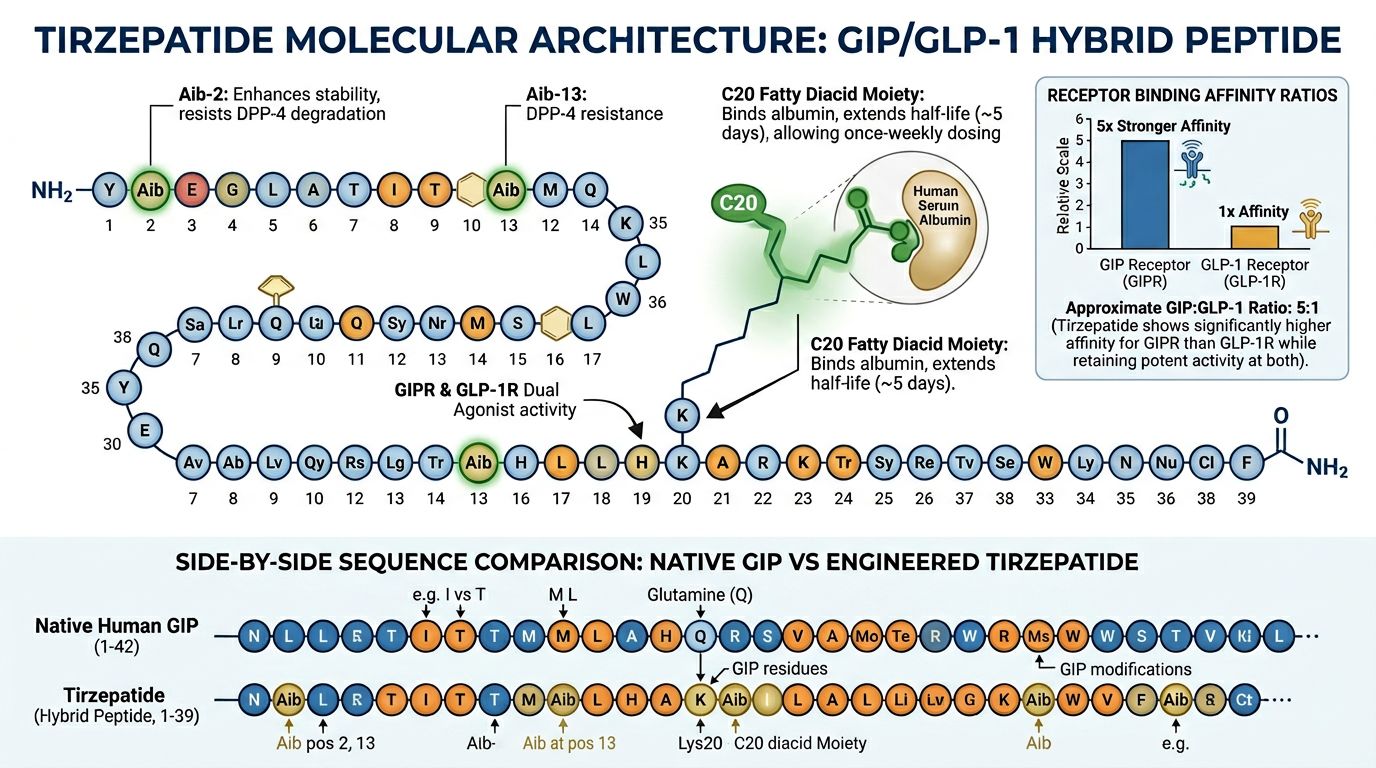 Tirzepatide 39-amino acid molecular architecture showing Aib residues at positions 2 and 13, C20 fatty diacid moiety for albumin binding, and native GIP vs engineered sequence comparison