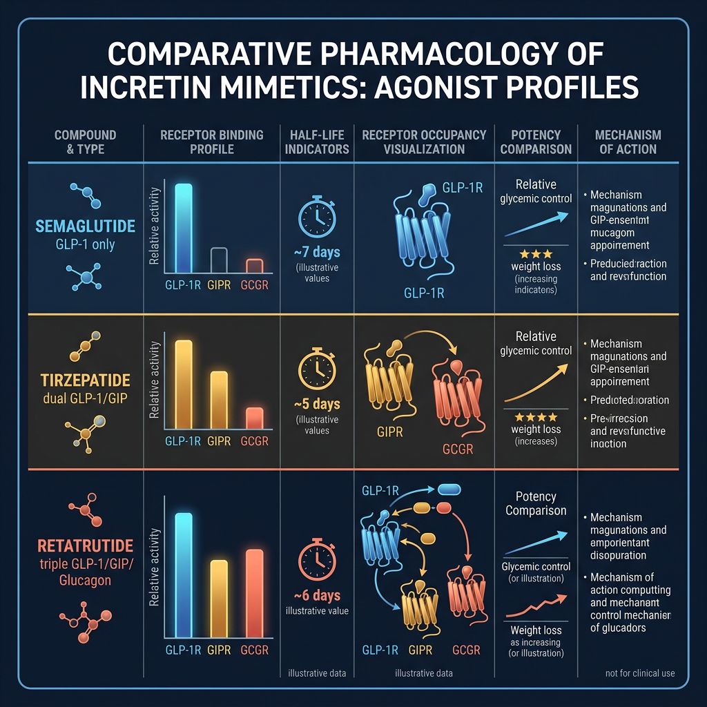 Comparative pharmacology infographic of semaglutide, tirzepatide, and retatrutide receptor profiles and half-life indicators