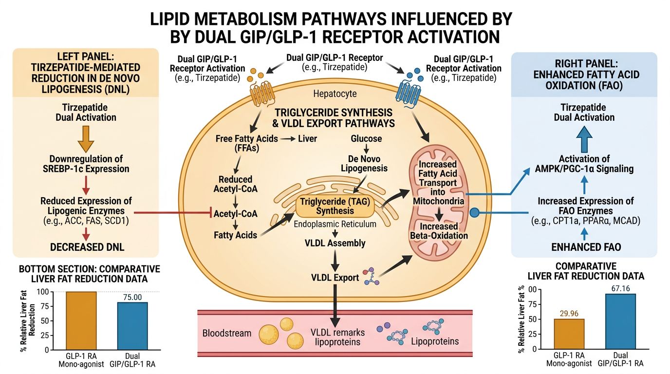 Lipid metabolism pathways influenced by dual GIP/GLP-1 receptor activation showing hepatocyte triglyceride synthesis, SREBP-1c downregulation, and enhanced fatty acid oxidation