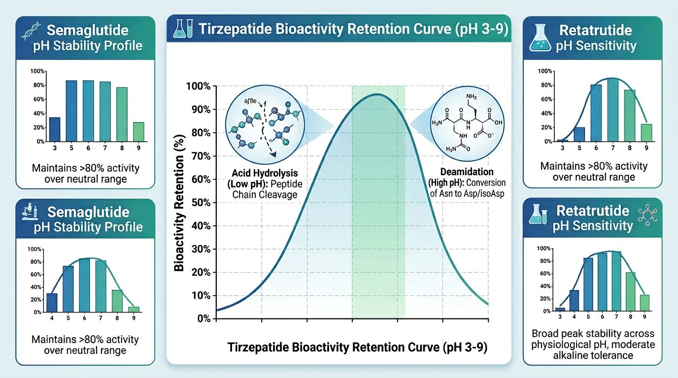 Tirzepatide bioactivity retention curve across pH 3-9 range with optimal zone at pH 7.0-7.4, comparing semaglutide and retatrutide pH sensitivity profiles