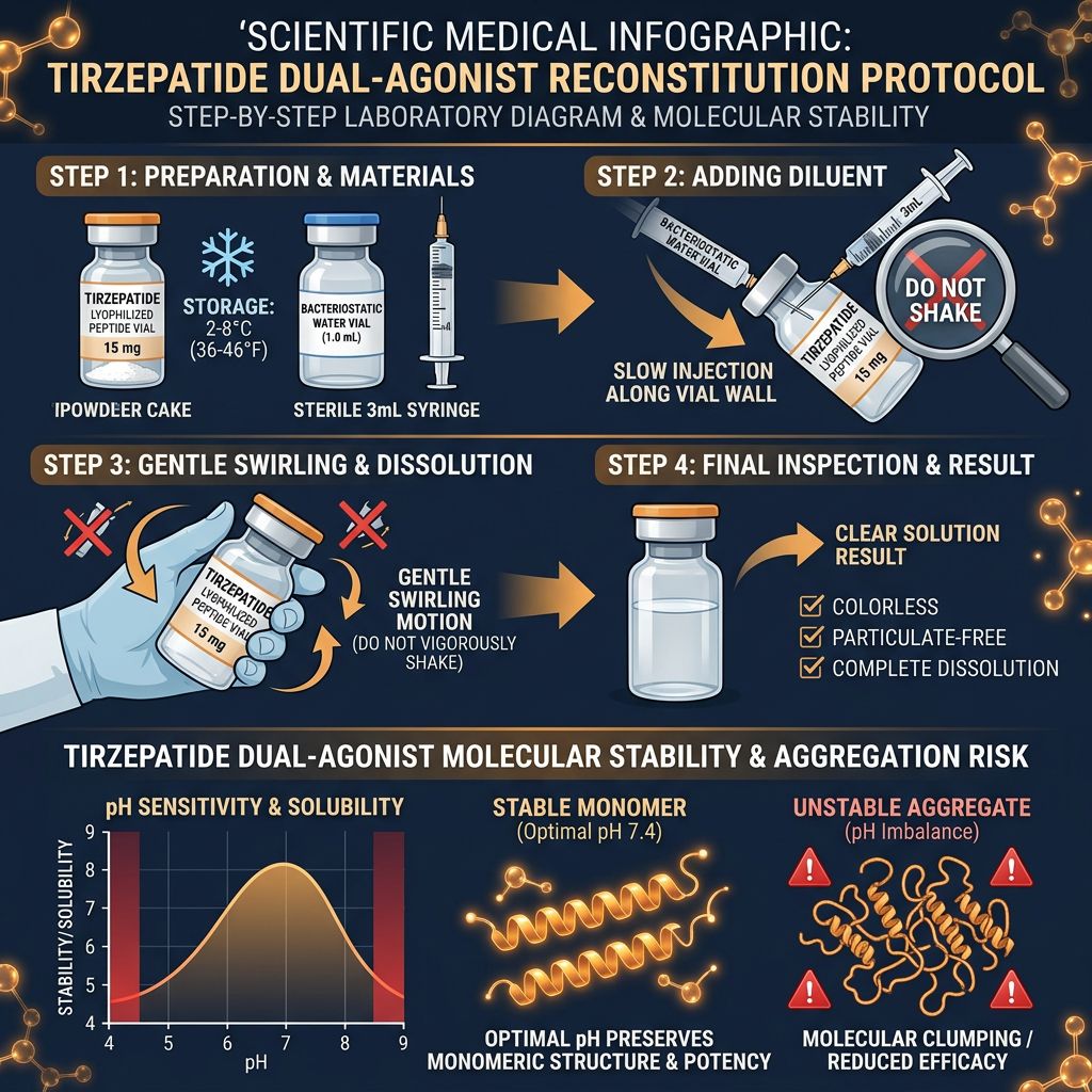 Step-by-step tirzepatide reconstitution protocol infographic with dilution, swirling, and storage guidance