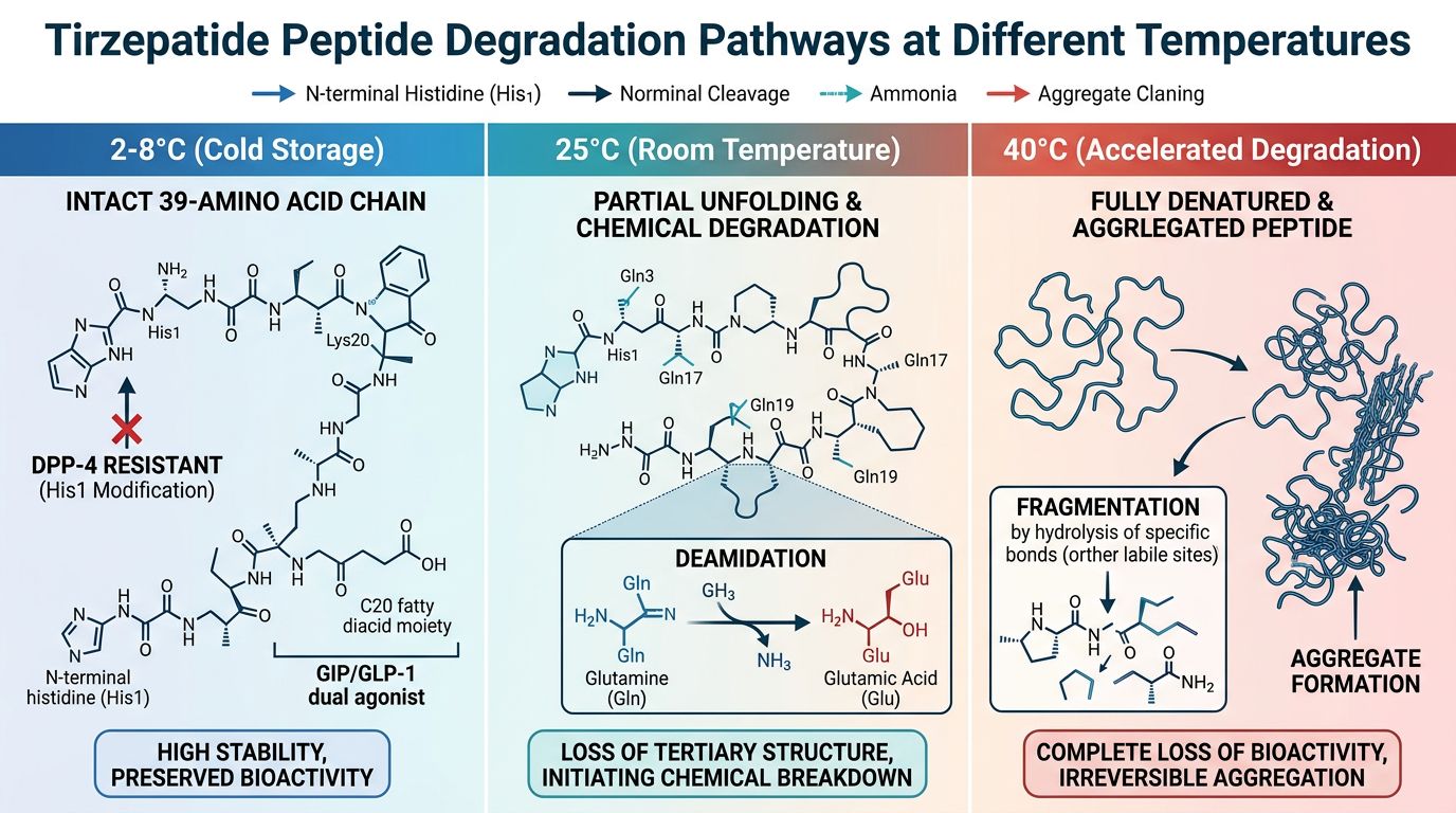 Tirzepatide peptide degradation pathways at different temperatures showing intact chain at 2-8°C, partial unfolding at 25°C, and fully denatured aggregated peptide at 40°C