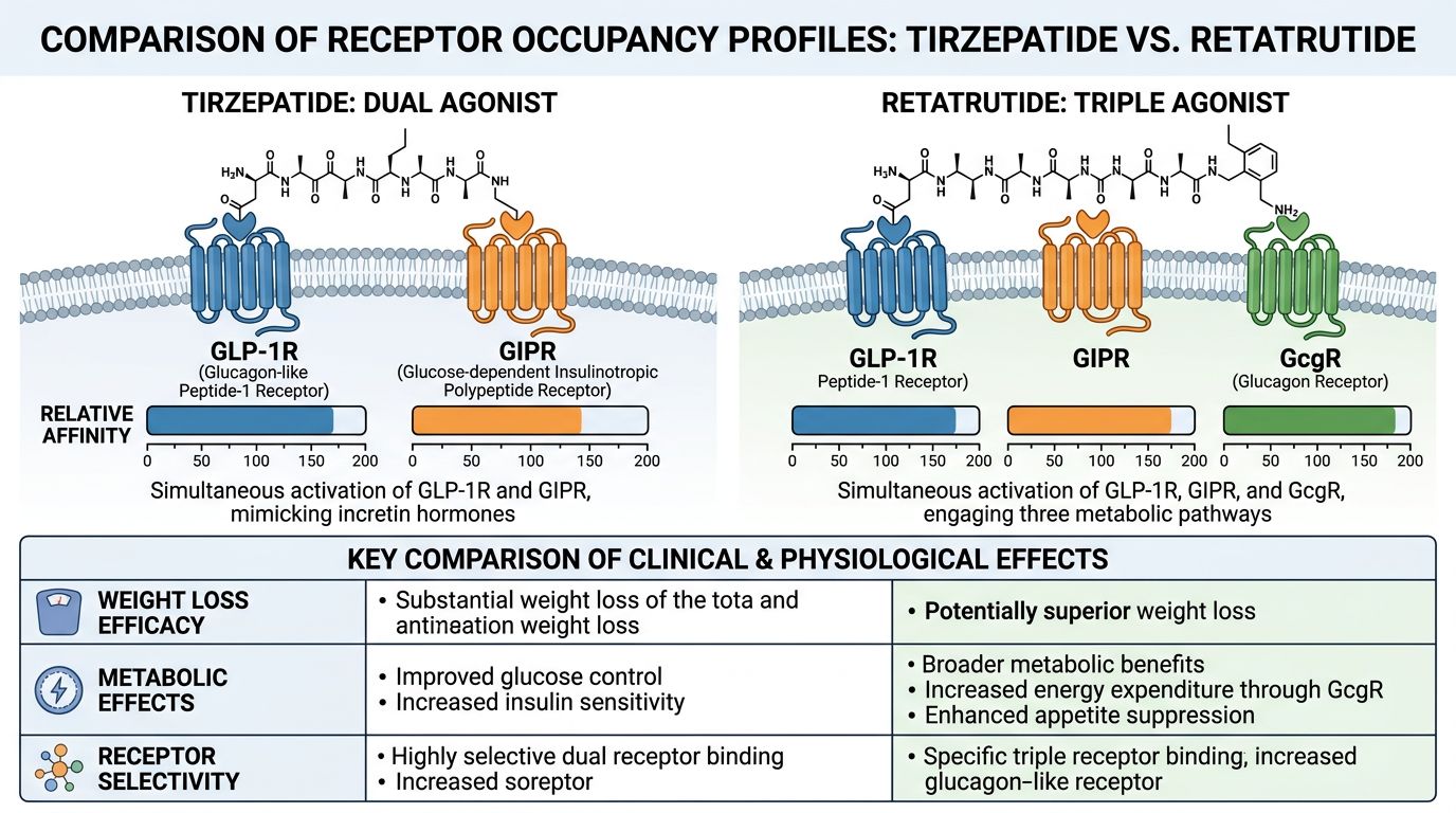 Receptor occupancy comparison chart showing Tirzepatide and Retatrutide binding affinity across GLP-1 GIP and Glucagon receptors