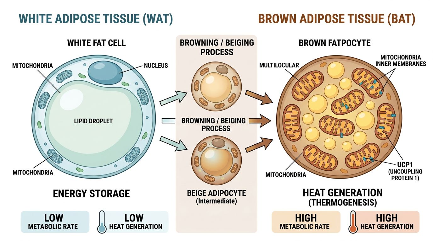 White fat versus brown fat comparison showing adipocyte browning transition with UCP1 thermogenesis