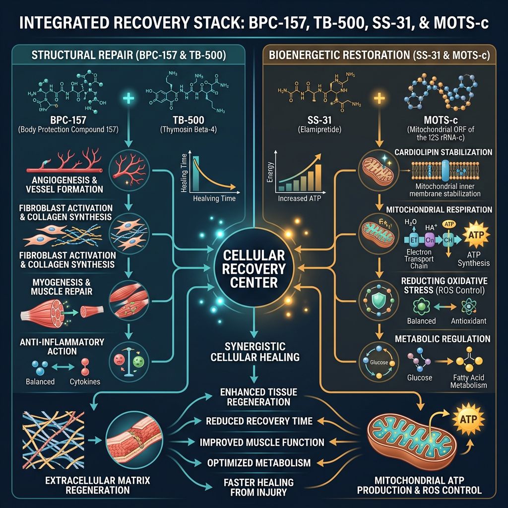 Integrated recovery stack infographic combining BPC-157/TB-500 structural repair with SS-31 and MOTS-c bioenergetic restoration