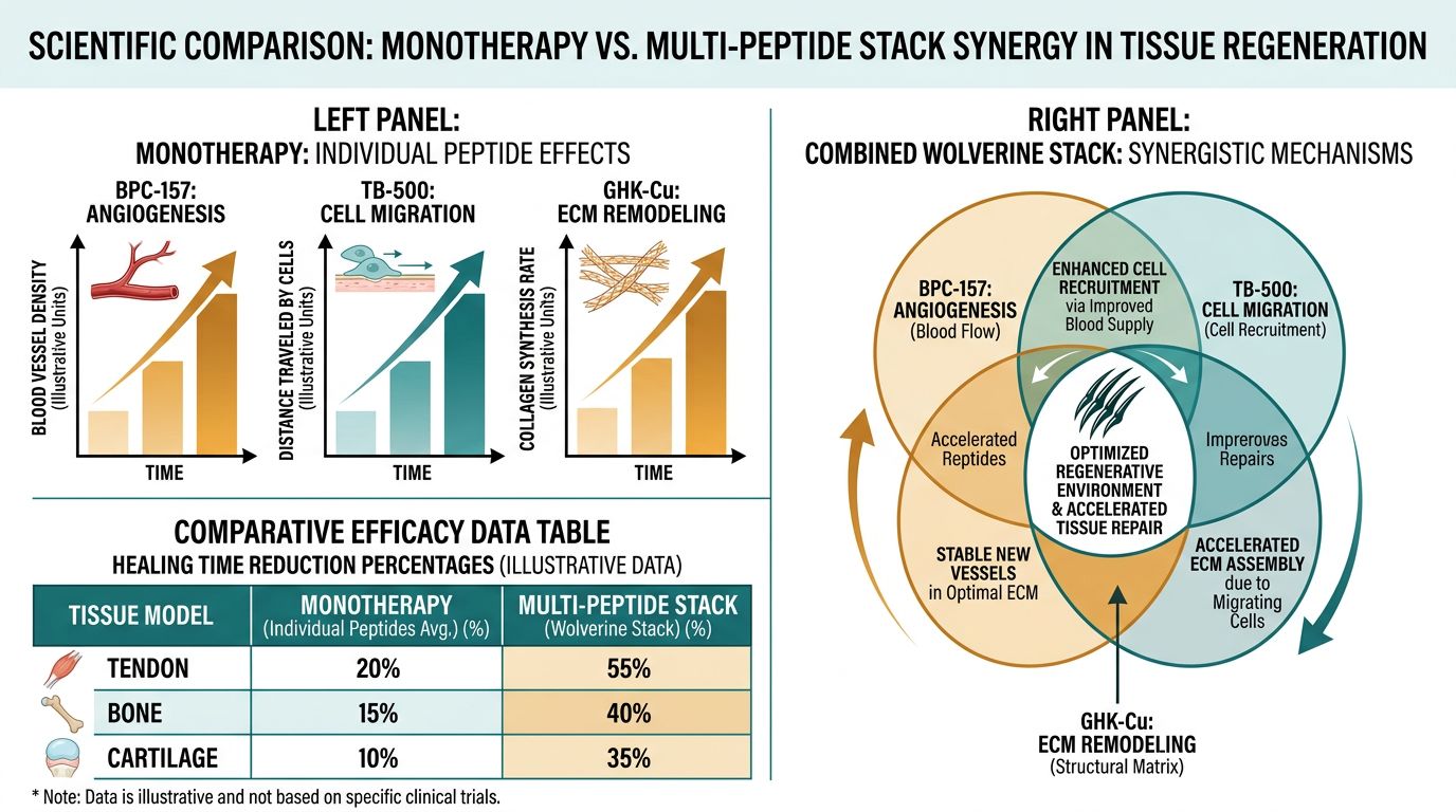 Scientific comparison of monotherapy versus Wolverine multi-peptide stack synergy in tissue regeneration