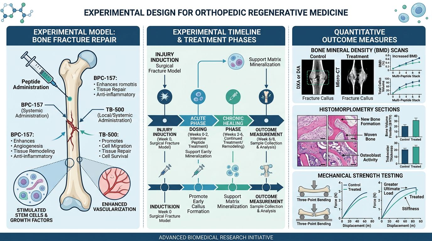 Experimental design for orthopedic regenerative medicine showing fracture model setup, treatment timeline phases, and quantitative outcome measures