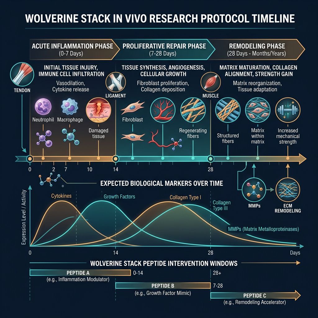 Wolverine stack in vivo research timeline infographic across acute inflammation, proliferative repair, and remodeling phases