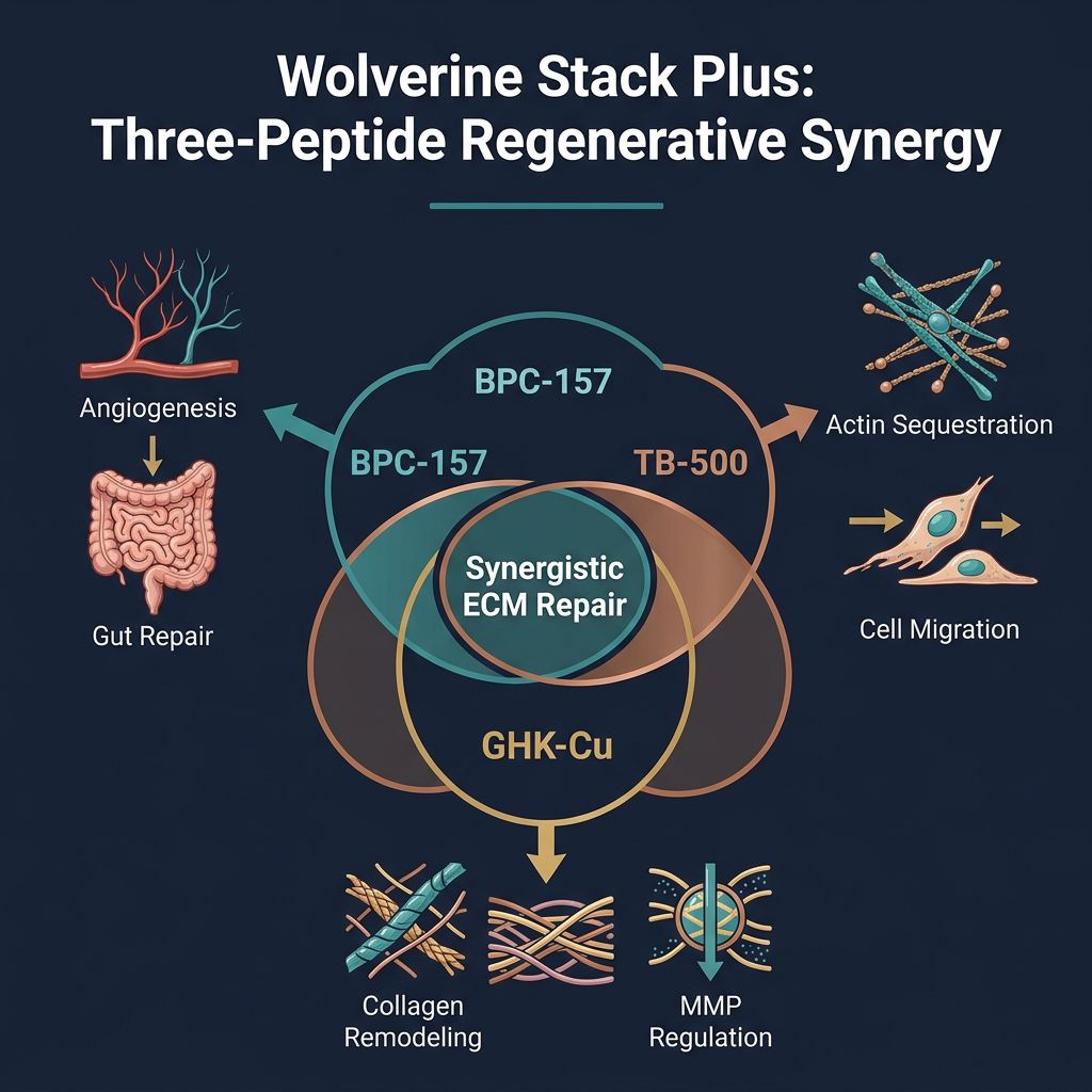 Wolverine Stack Plus infographic showing synergistic roles of BPC-157, TB-500, and GHK-Cu in ECM repair