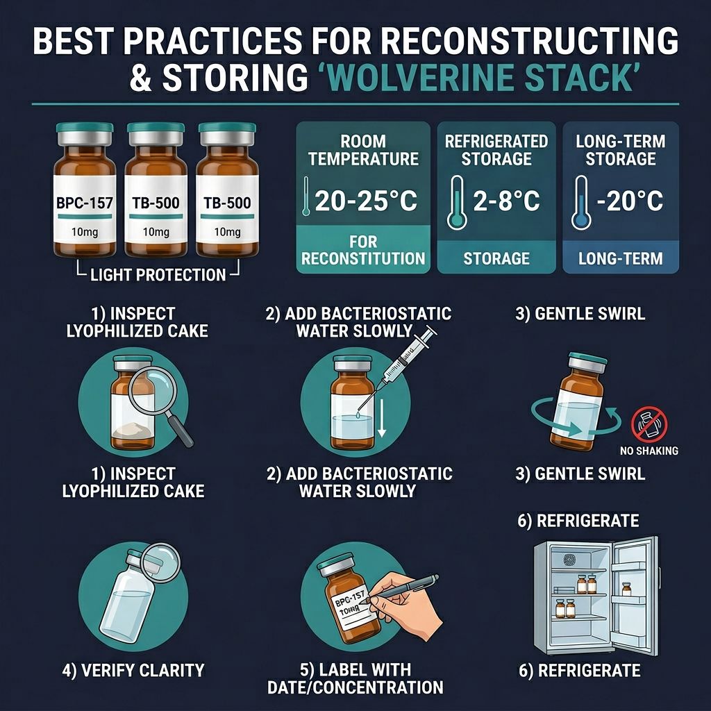 Wolverine Stack reconstitution and storage best-practices infographic